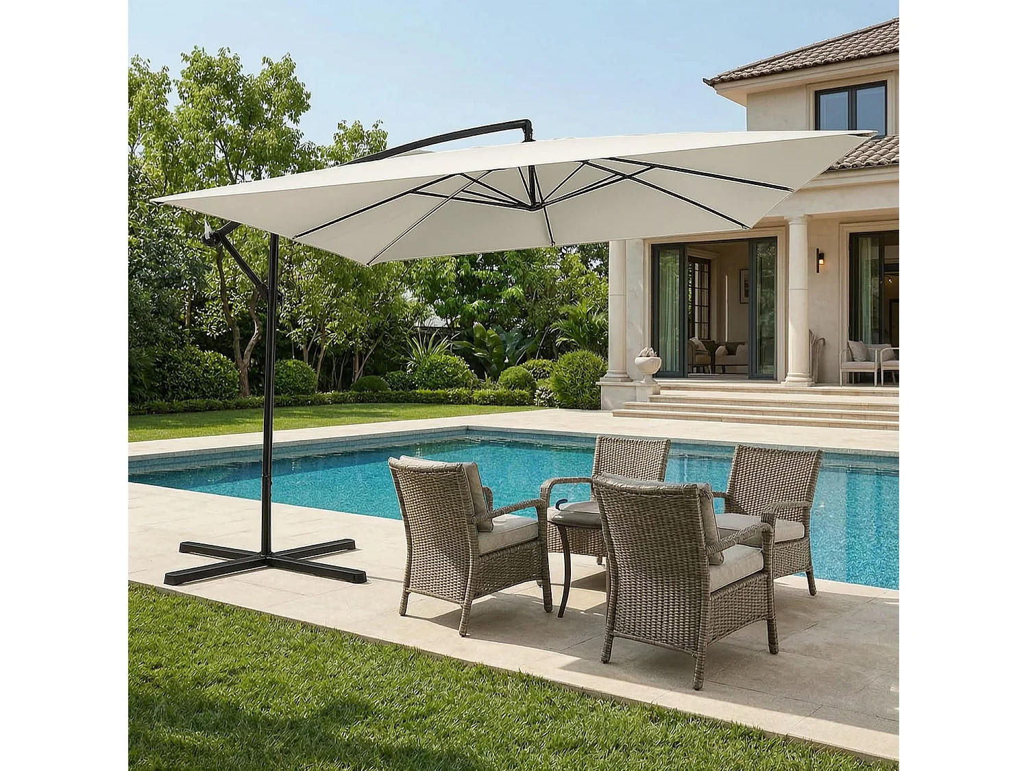 Ombrellone Decentrato Con Braccio Laterale Apertura A Manovella Telo Impermeabile UV30+ Camino Ventilazione Struttura Acciaio Giardino Outdoor 3x3x 2.5 M Beige