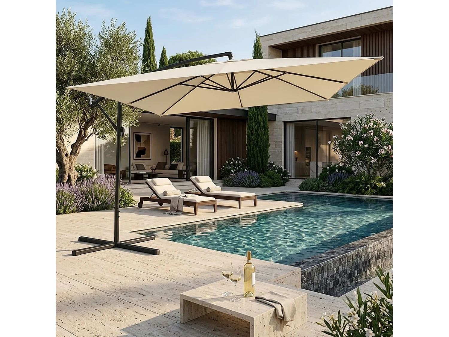 Ombrellone Decentrato Con Braccio Laterale Apertura A Manovella Telo Impermeabile UV30+ Camino Ventilazione Struttura Acciaio Giardino Outdoor 3x3x 2.5 M Beige
