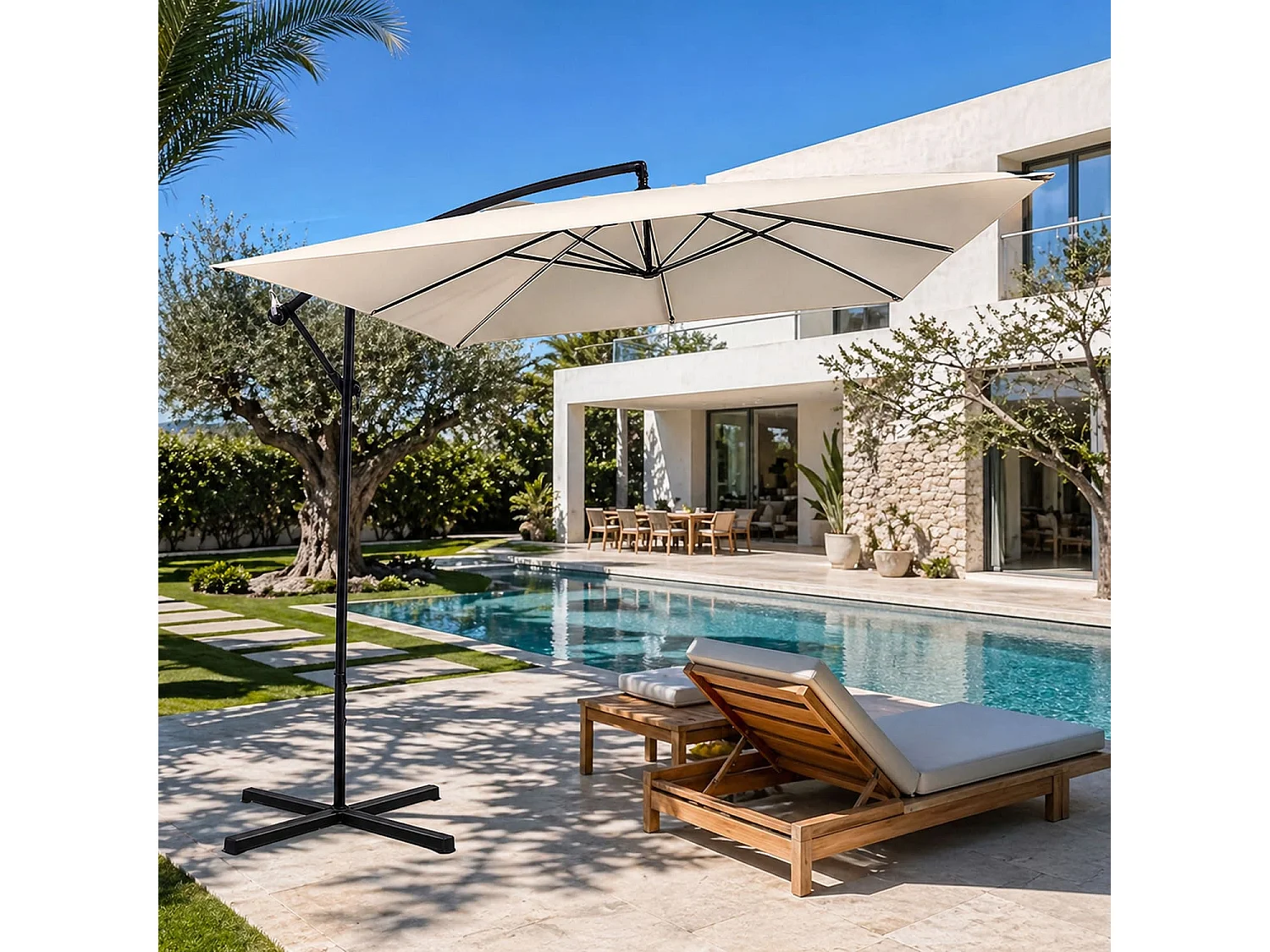 Ombrellone Decentrato Con Braccio Laterale Apertura A Manovella Telo Impermeabile UV30+ Camino Ventilazione Struttura Acciaio Giardino Outdoor 3x3x 2.5 M Beige