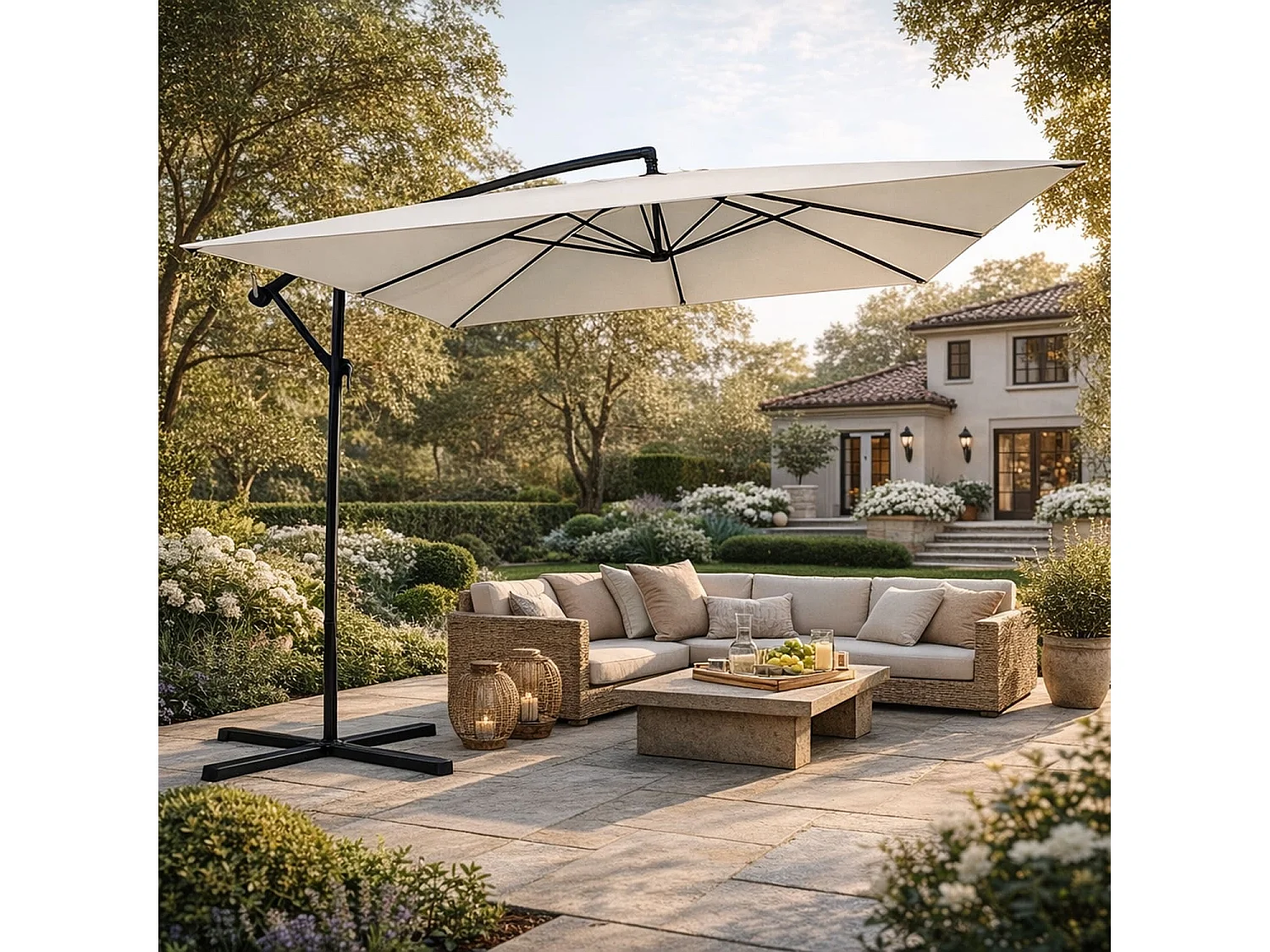 Ombrellone Decentrato Con Braccio Laterale Apertura A Manovella Telo Impermeabile UV30+ Camino Ventilazione Struttura Acciaio Giardino Outdoor 3x3x 2.5 M Beige