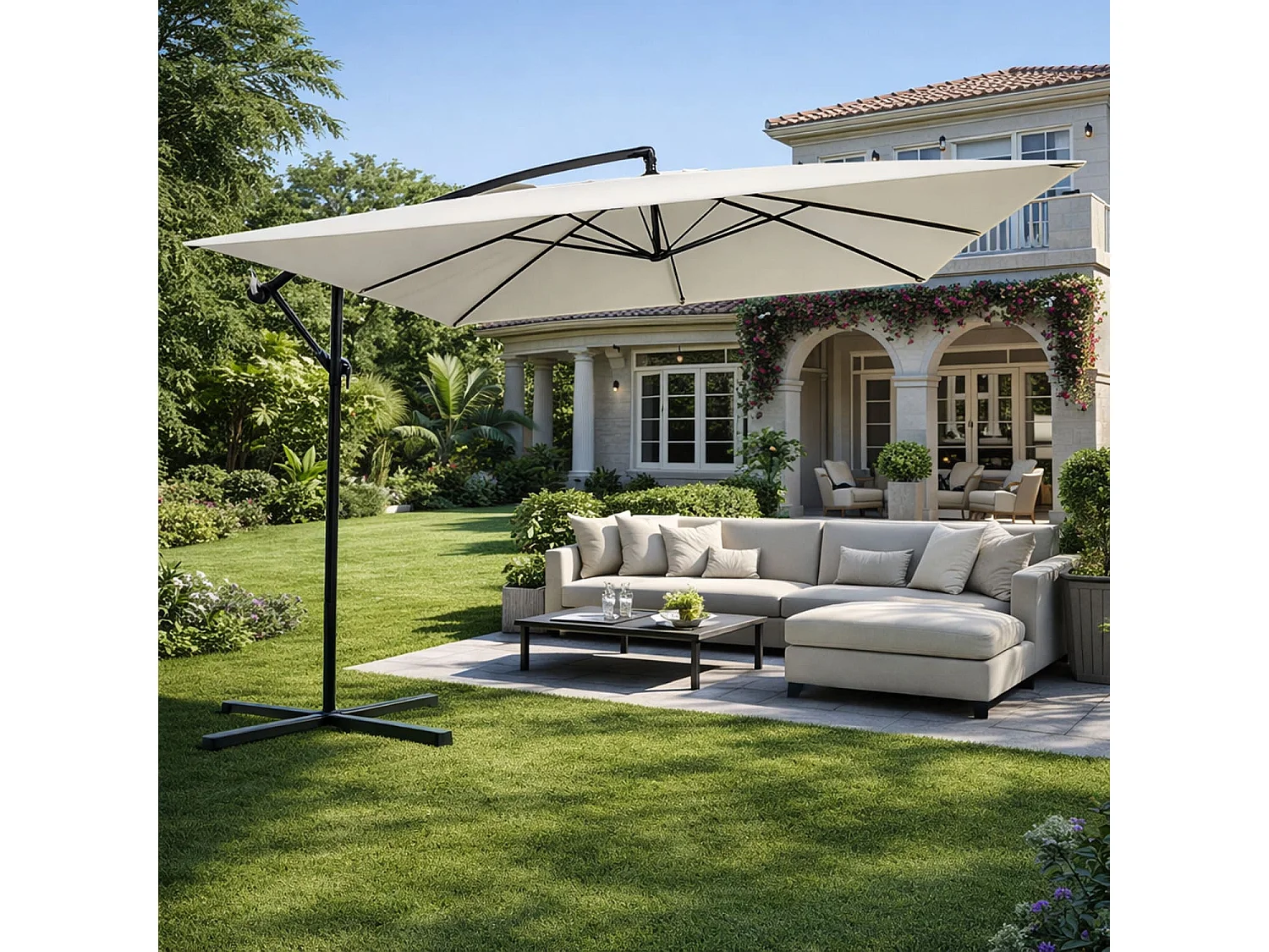Ombrellone Decentrato Con Braccio Laterale Apertura A Manovella Telo Impermeabile UV30+ Camino Ventilazione Struttura Acciaio Giardino Outdoor 3x3x 2.5 M Beige
