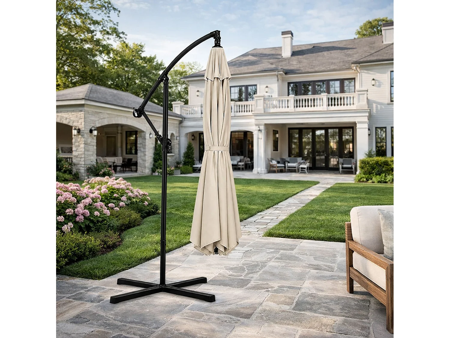 Ombrellone Decentrato Con Braccio Laterale Apertura A Manovella Telo Impermeabile UV30+ Camino Ventilazione Struttura Acciaio Giardino Outdoor 3x3x 2.5 M Beige