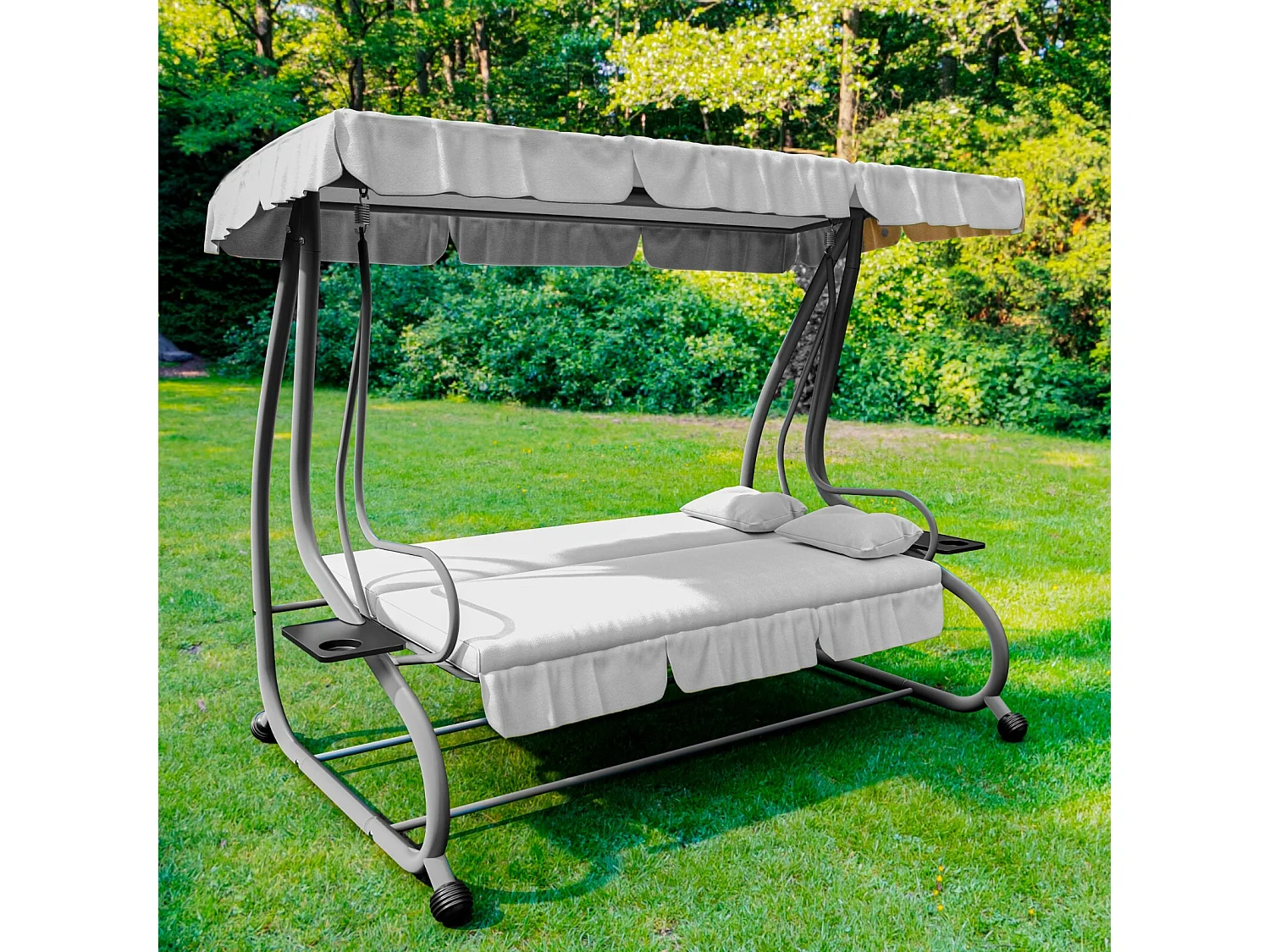Dondolo 3 Posti Reclinabile Tettuccio Regolabile Cuscini Imbottiti Diventa Letto Struttura In Acciaio Verniciato Giardino Esterno 200 x 120 x 160 cm Grigio