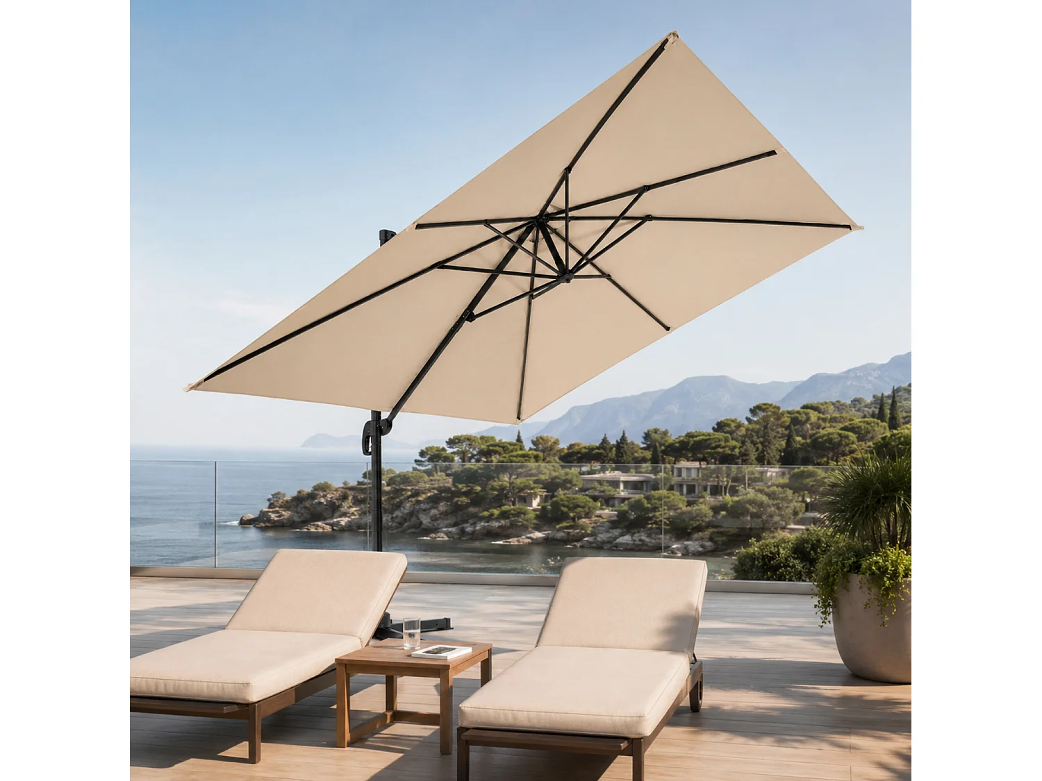 Ombrellone 3x3 Metri Con Palo Laterale In Acciaio E Base A Croce Copertura Poliestere Per Terrazza Patio Zona E Piscina Struttura In Acciaio Robusta Tortora