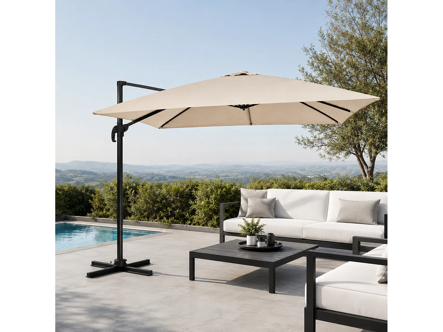Ombrellone 3x3 Metri Con Palo Laterale In Acciaio E Base A Croce Copertura Poliestere Per Terrazza Patio Zona E Piscina Struttura In Acciaio Robusta Tortora