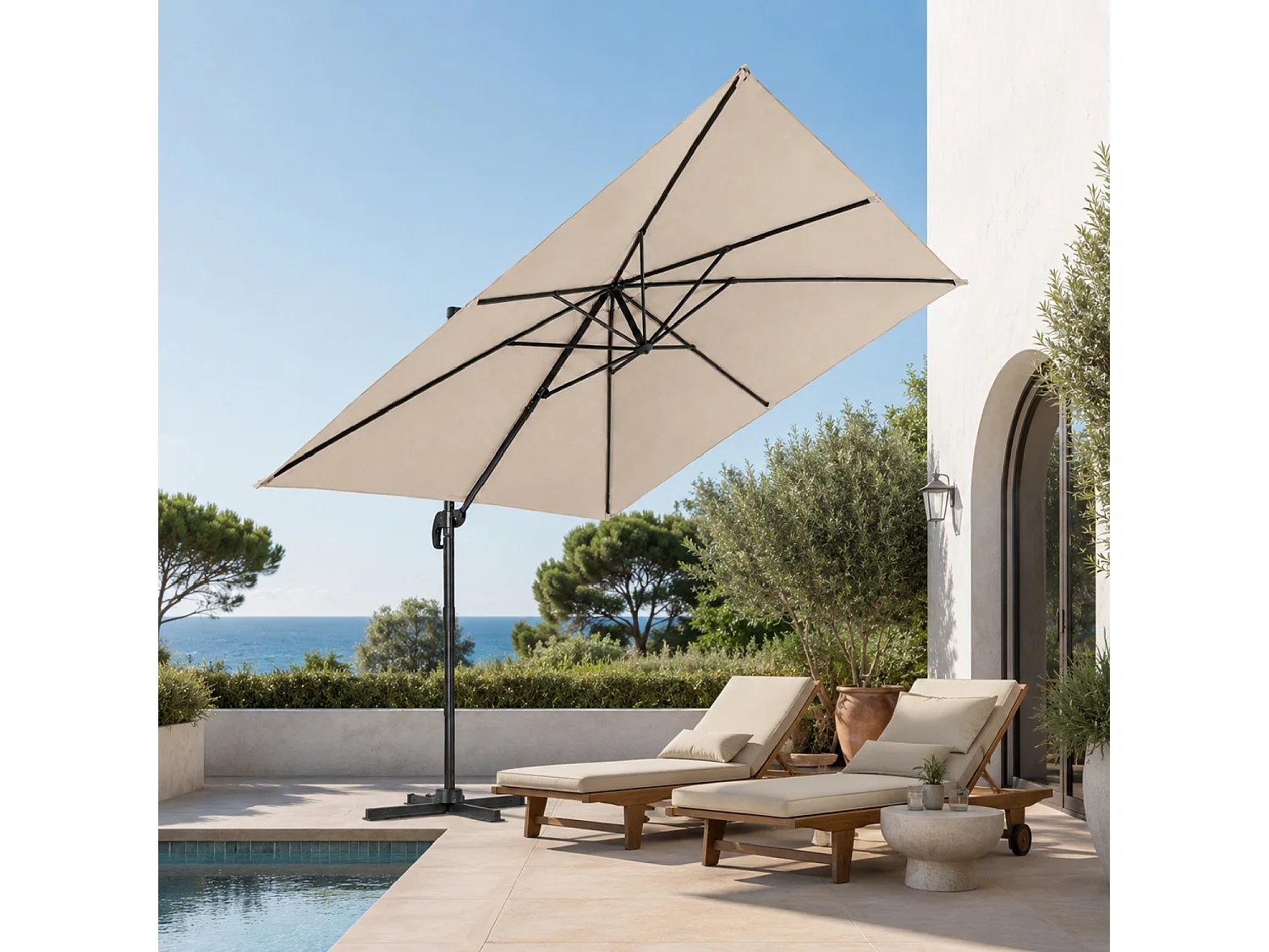 Ombrellone 3x3 Metri Con Palo Laterale In Acciaio E Base A Croce Copertura Poliestere Per Terrazza Patio Zona E Piscina Struttura In Acciaio Robusta Tortora