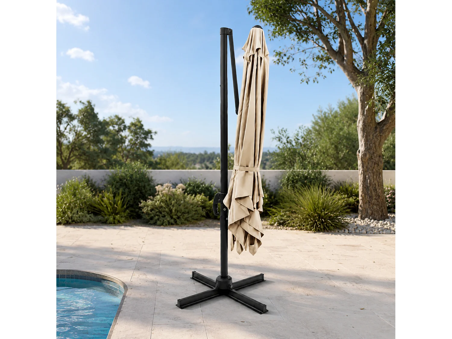 Ombrellone 3x3 Metri Con Palo Laterale In Acciaio E Base A Croce Copertura Poliestere Per Terrazza Patio Zona E Piscina Struttura In Acciaio Robusta Tortora