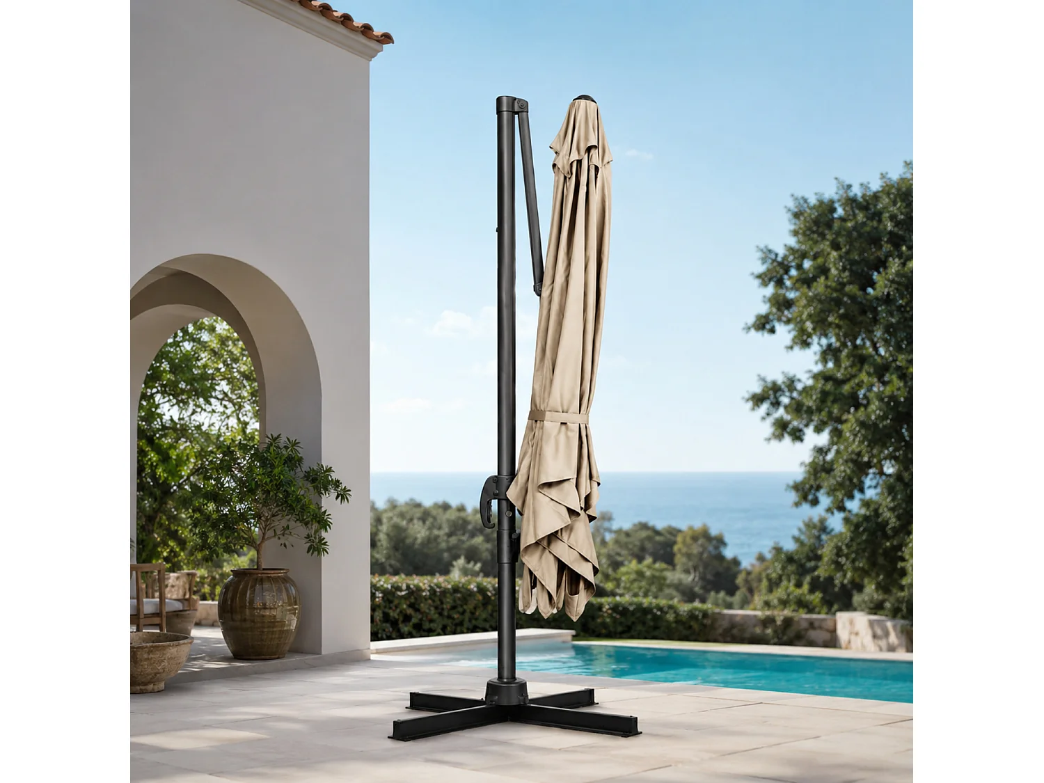 Ombrellone 3x3 Metri Con Palo Laterale In Acciaio E Base A Croce Copertura Poliestere Per Terrazza Patio Zona E Piscina Struttura In Acciaio Robusta Tortora