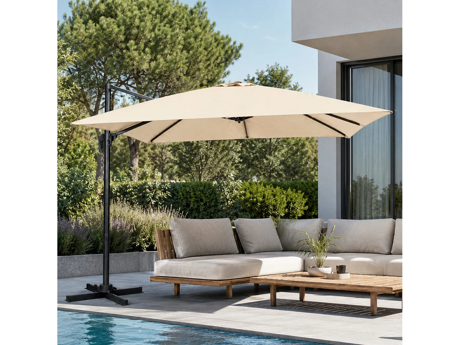 Ombrellone 3x3 Metri Con Palo Laterale In Acciaio E Base A Croce Copertura Poliestere Per Terrazza Patio Zona E Piscina Struttura In Acciaio Robusta Tortora
