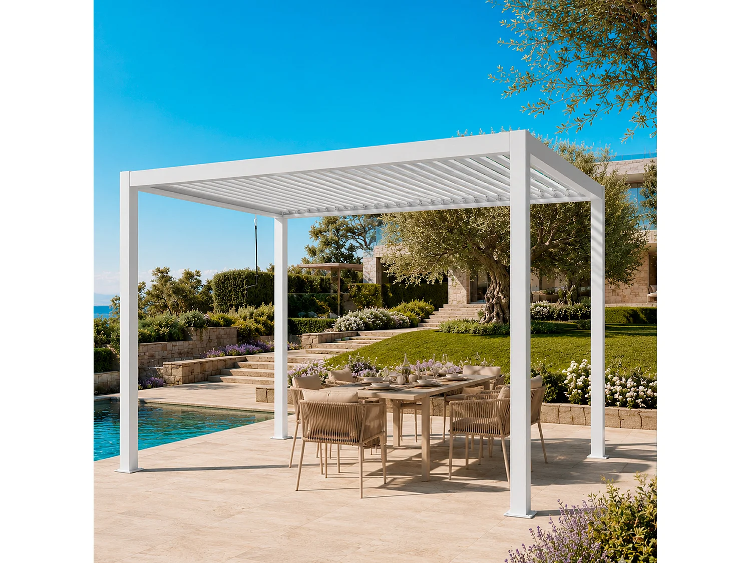 Pergola Bioclimatica 3x4 Metri Gazebo Lamelle Orientabili Sistema Drenaggio Struttura Alluminio Acciaio Anti UV Giardino Terrazza Piscina Bianco Opaco
