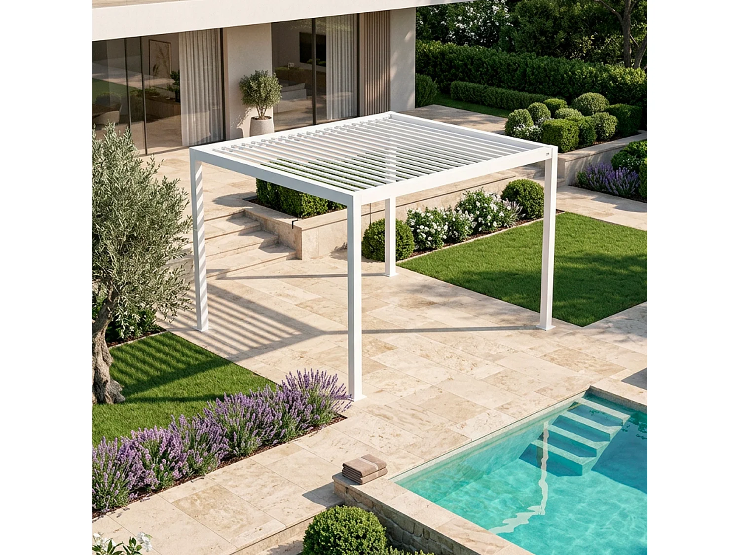 Pergola Bioclimatica 3x4 Metri Gazebo Lamelle Orientabili Sistema Drenaggio Struttura Alluminio Acciaio Anti UV Giardino Terrazza Piscina Bianco Opaco