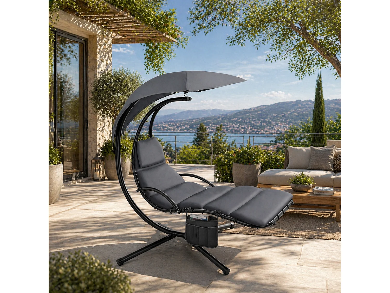 Amaca Sospesa Design Moderno Con Ombrellone Integrato E Cuscino Sdraio Ergonomica Da Giardino In Acciaio E Poliestere Per Esterno 195 x 132 x 197 Cm Grigio