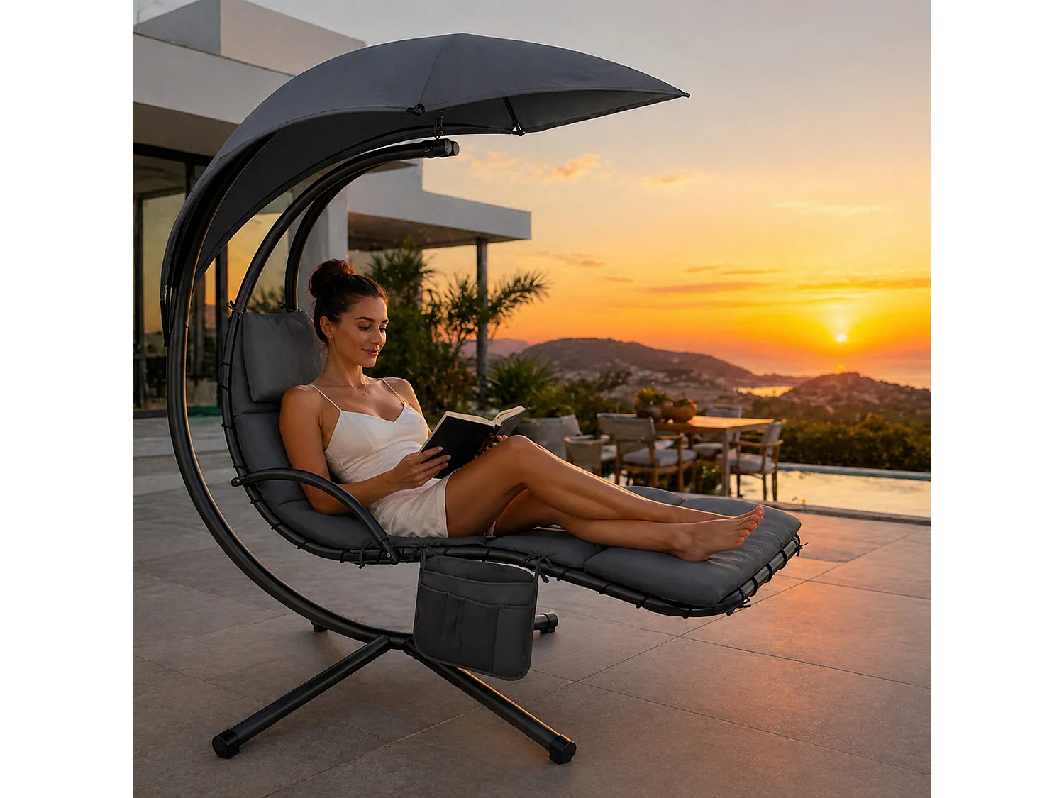 Amaca Sospesa Design Moderno Con Ombrellone Integrato E Cuscino Sdraio Ergonomica Da Giardino In Acciaio E Poliestere Per Esterno 195 x 132 x 197 Cm Grigio