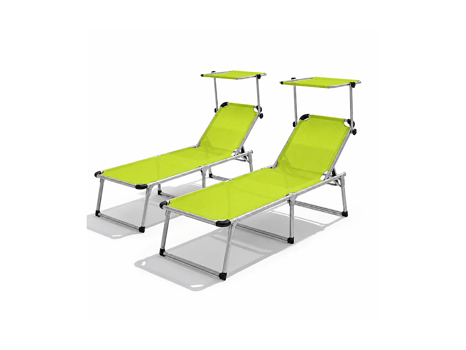 Coppia Di Lettini Prendisole Con Parasole Pieghevoli Schienale Regolabile Reclinabile 6 Posizioni Alluminio Sedia Da Mare Spiaggia 187 x 59 x 29 Cm Verde Fluo