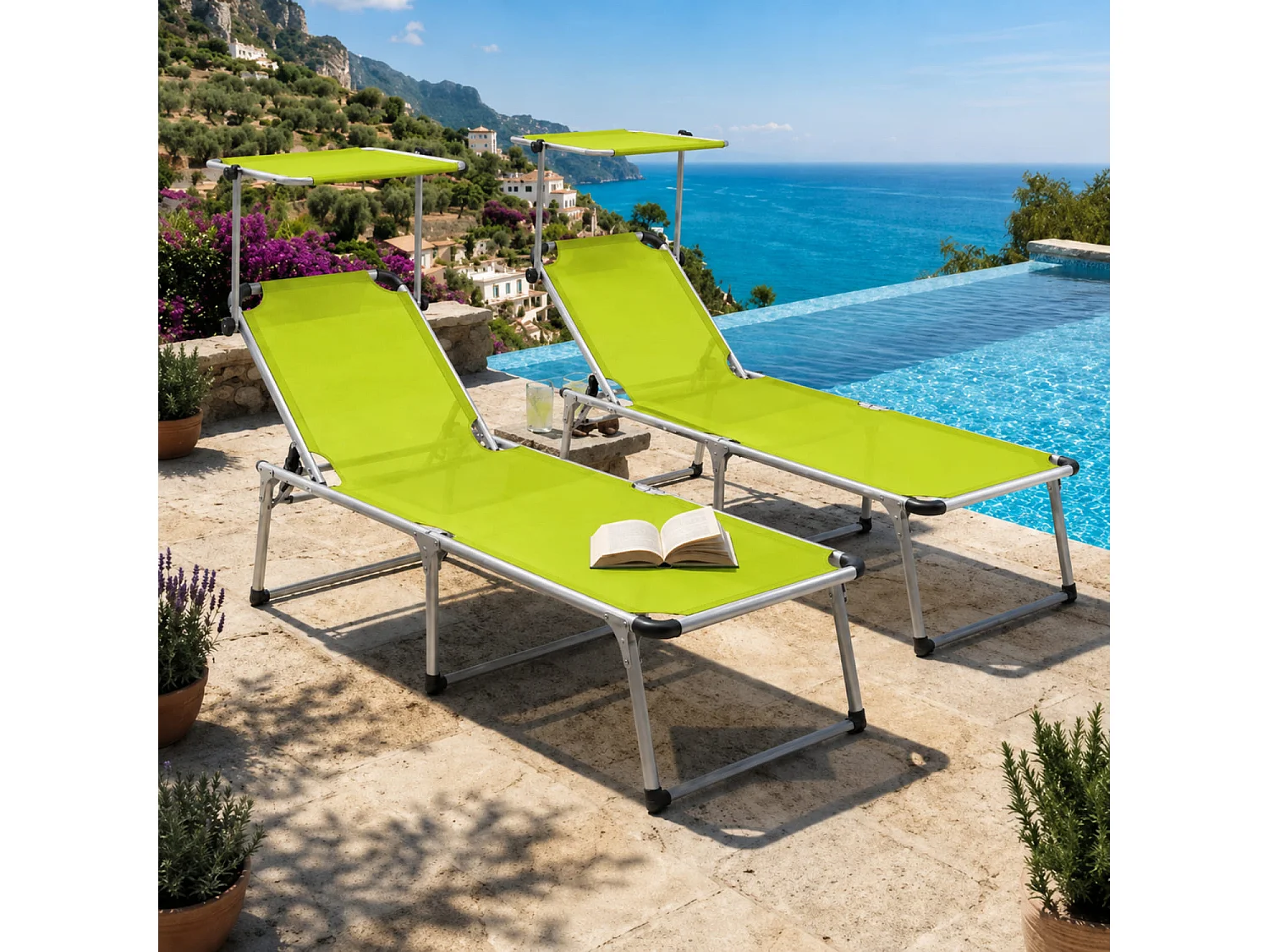 Coppia Di Lettini Prendisole Con Parasole Pieghevoli Schienale Regolabile Reclinabile 6 Posizioni Alluminio Sedia Da Mare Spiaggia 187 x 59 x 29 Cm Verde Fluo