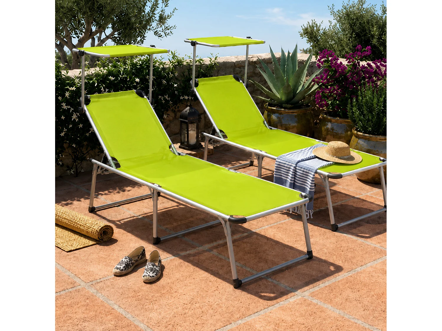 Coppia Di Lettini Prendisole Con Parasole Pieghevoli Schienale Regolabile Reclinabile 6 Posizioni Alluminio Sedia Da Mare Spiaggia 187 x 59 x 29 Cm Verde Fluo