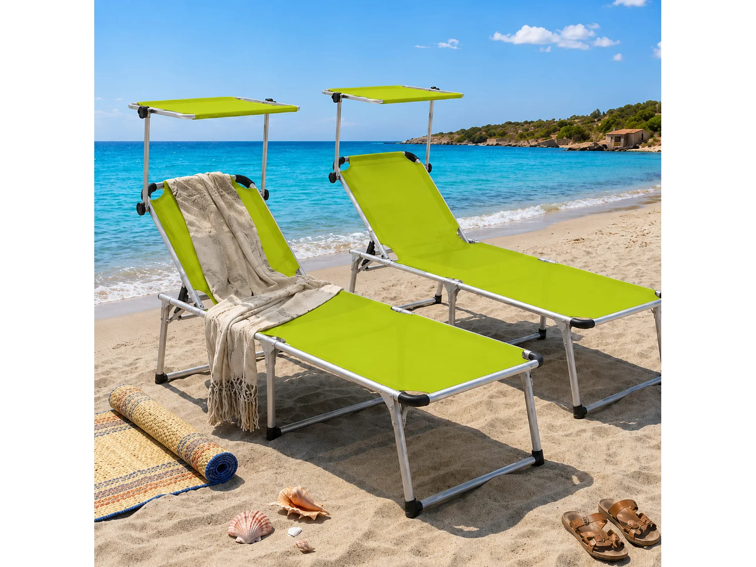 Coppia Di Lettini Prendisole Con Parasole Pieghevoli Schienale Regolabile Reclinabile 6 Posizioni Alluminio Sedia Da Mare Spiaggia 187 x 59 x 29 Cm Verde Fluo
