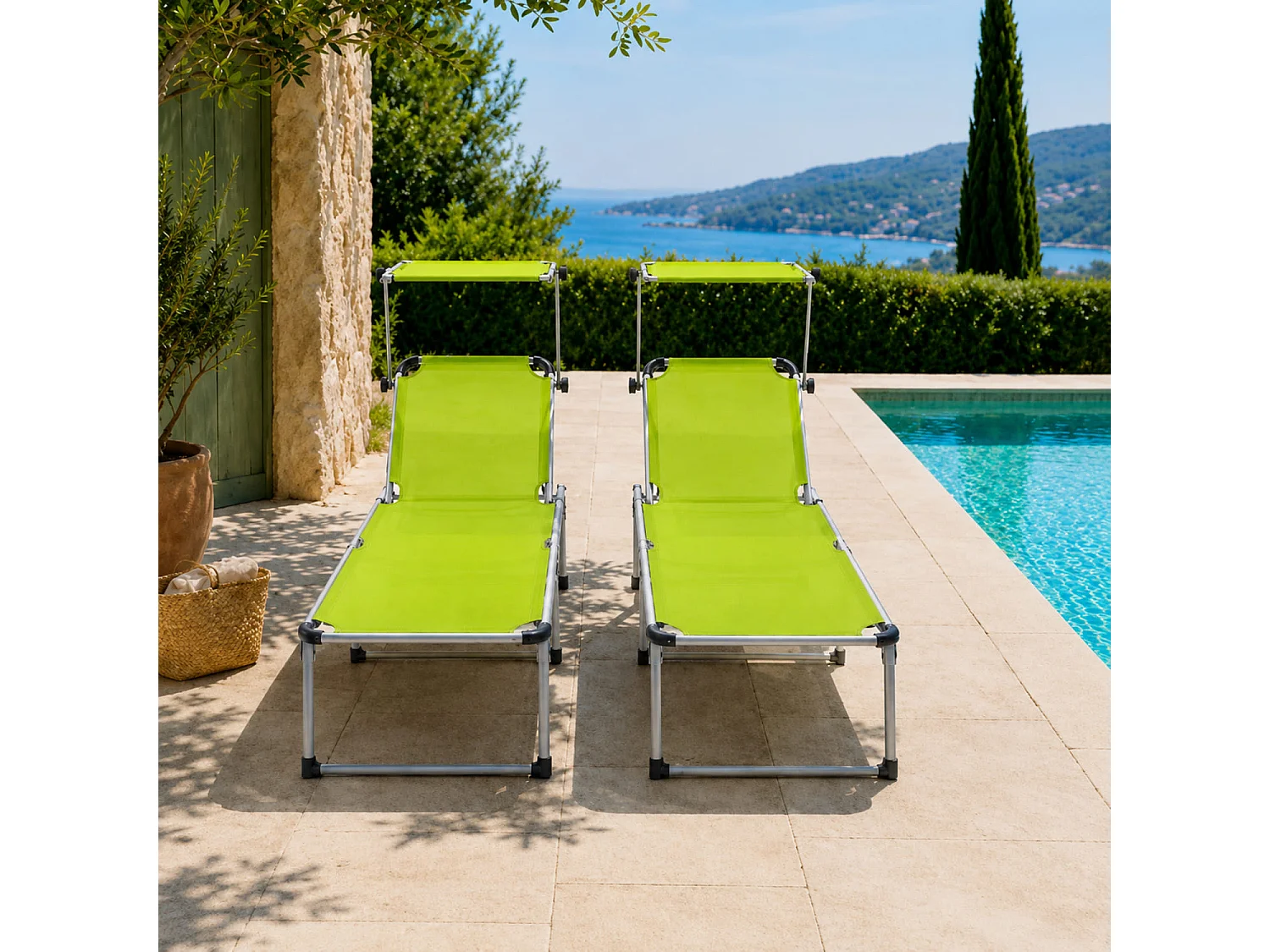 Coppia Di Lettini Prendisole Con Parasole Pieghevoli Schienale Regolabile Reclinabile 6 Posizioni Alluminio Sedia Da Mare Spiaggia 187 x 59 x 29 Cm Verde Fluo