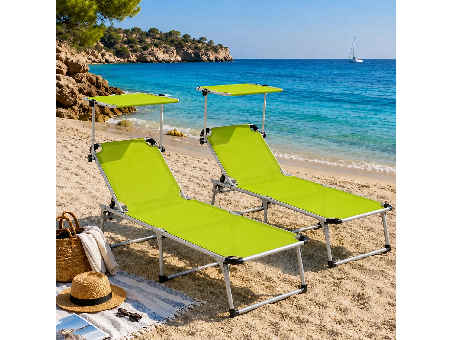 Coppia Di Lettini Prendisole Con Parasole Pieghevoli Schienale Regolabile Reclinabile 6 Posizioni Alluminio Sedia Da Mare Spiaggia 187 x 59 x 29 Cm Verde Fluo