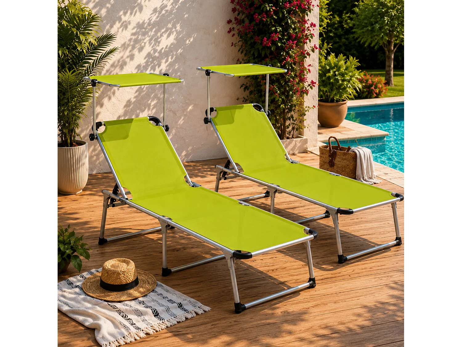 Coppia Di Lettini Prendisole Con Parasole Pieghevoli Schienale Regolabile Reclinabile 6 Posizioni Alluminio Sedia Da Mare Spiaggia 187 x 59 x 29 Cm Verde Fluo