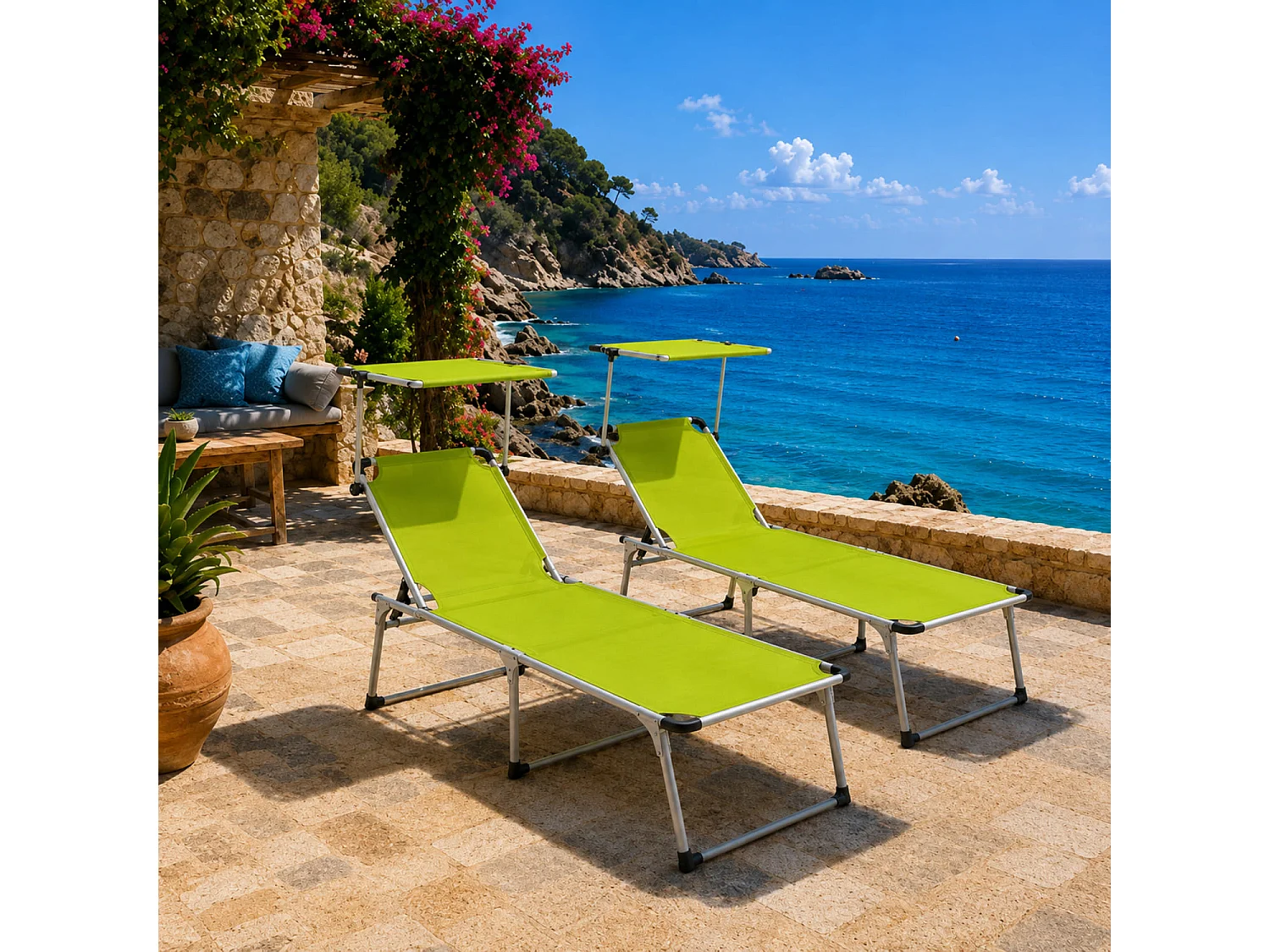 Coppia Di Lettini Prendisole Con Parasole Pieghevoli Schienale Regolabile Reclinabile 6 Posizioni Alluminio Sedia Da Mare Spiaggia 187 x 59 x 29 Cm Verde Fluo