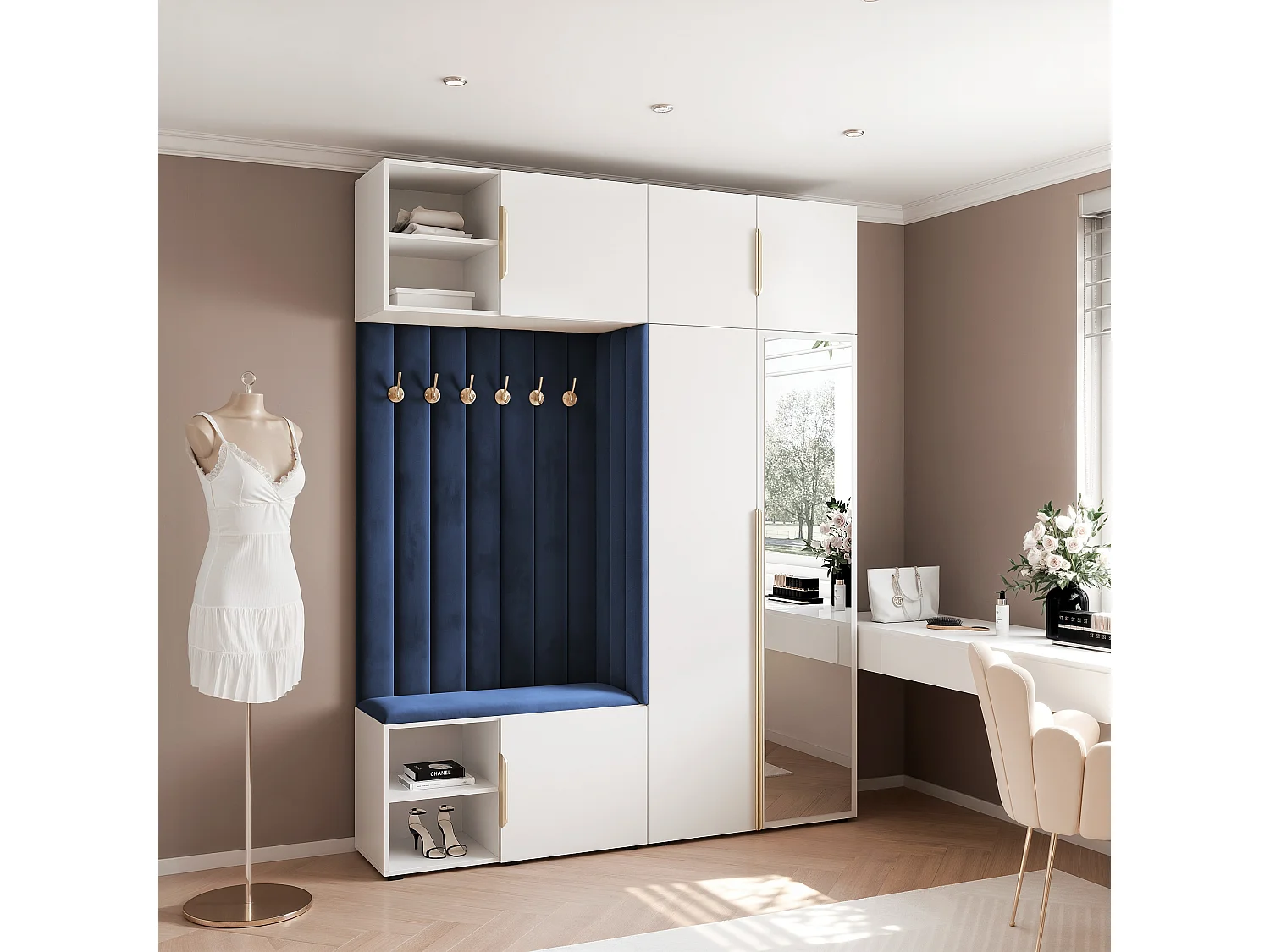 Garderobe Aria 190 cm Wit Gestoffeerd Atlantisch Blauw Soft-Close Grepen Goud