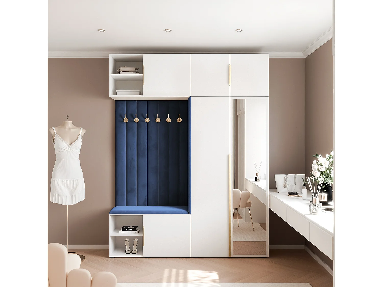 Garderobe Aria 190 cm Wit Gestoffeerd Atlantisch Blauw Soft-Close Grepen Goud
