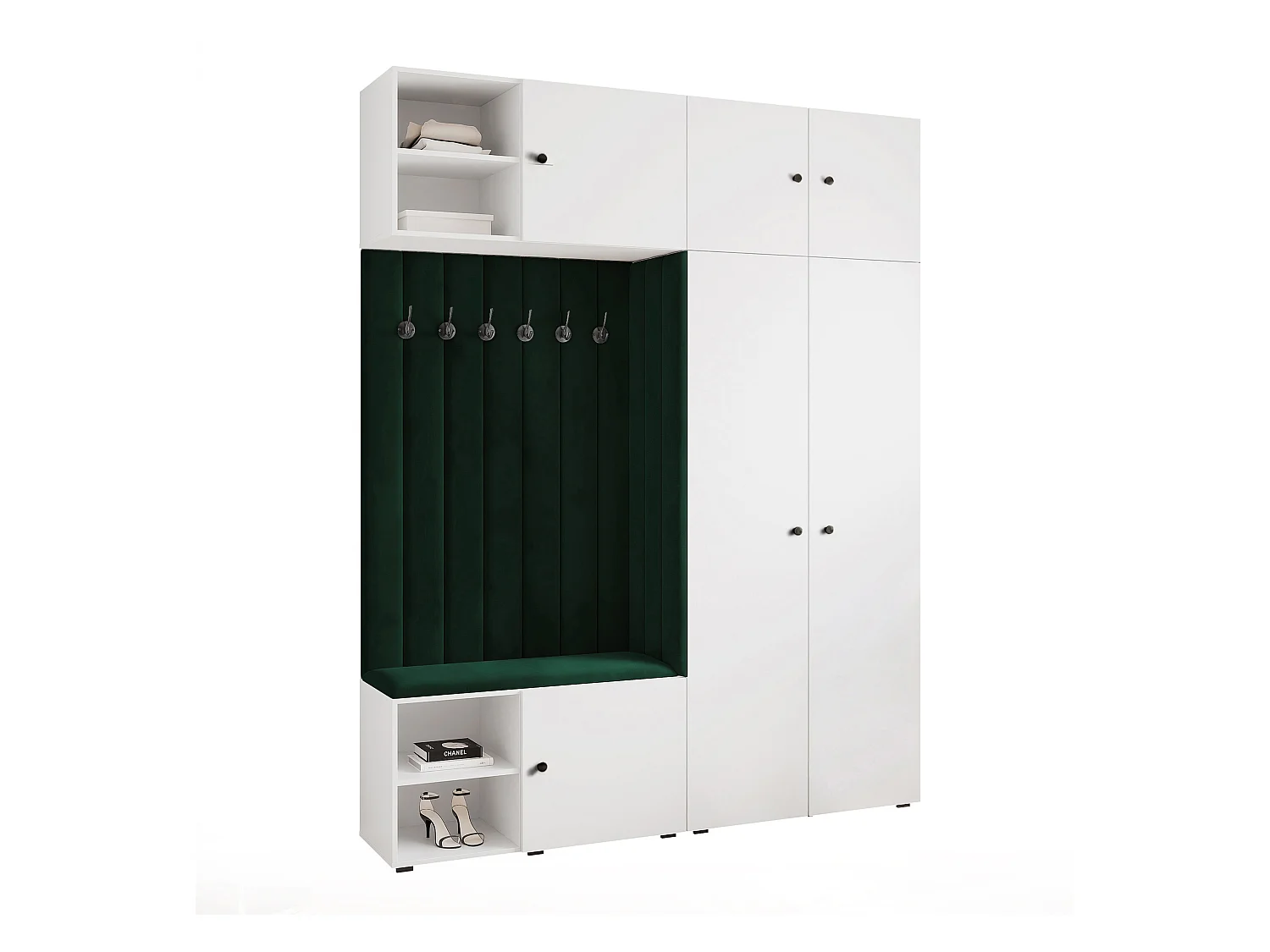 Vestiaire ARIA 4 190 cm Blanc Rembourré Vert Foncé Soft-Close Poignées bouton Noir