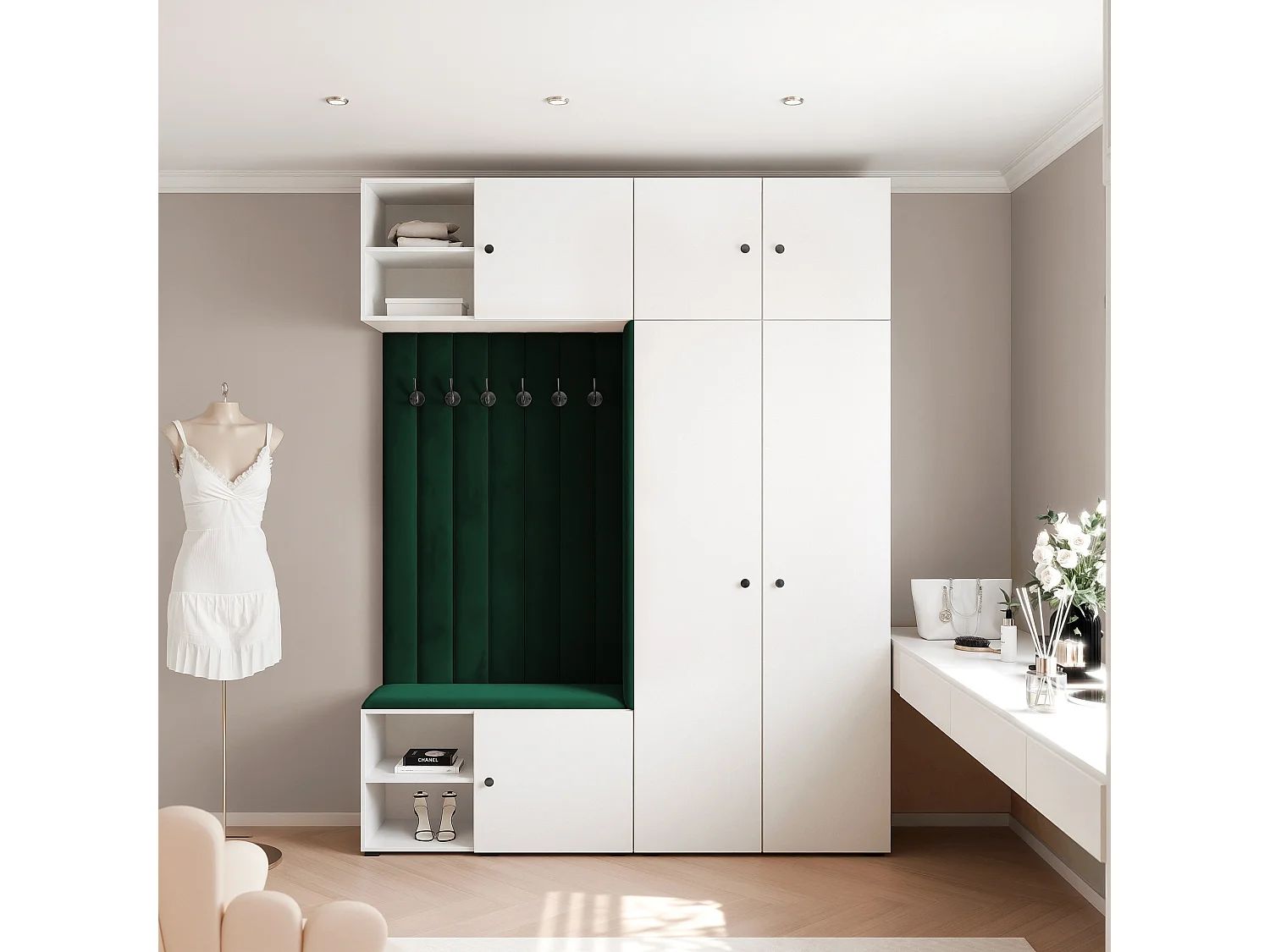 Vestiaire ARIA 4 190 cm Blanc Rembourré Vert Foncé Soft-Close Poignées bouton Noir