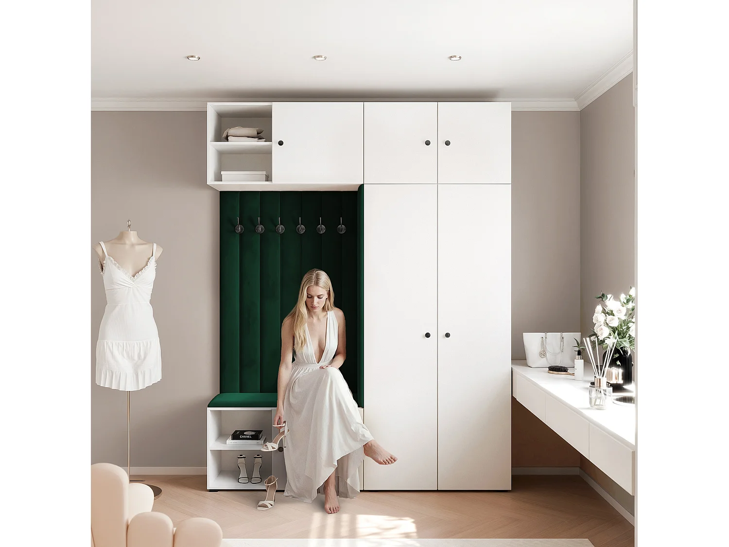 Vestiaire ARIA 4 190 cm Blanc Rembourré Vert Foncé Soft-Close Poignées bouton Noir