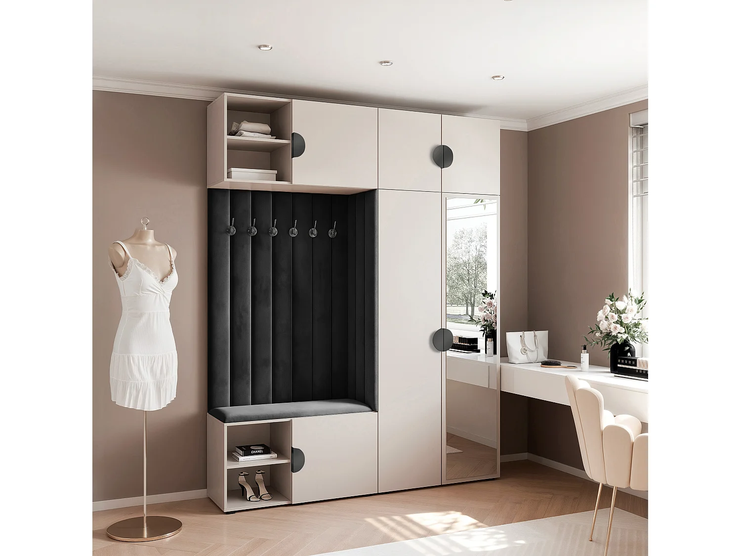 Garderobe Aria 190 cm Kasjmier Gestoffeerd Zwart Soft-Close Grepen Zwart