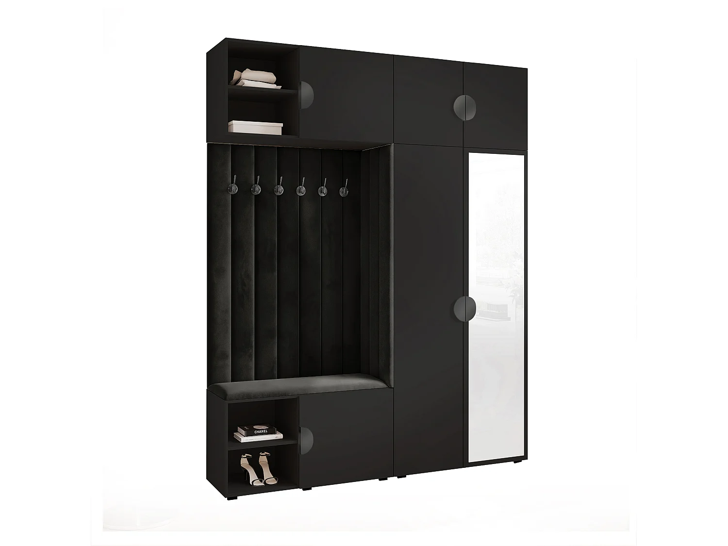 Garderobe Aria 190 cm Schwarz Gepolstert Schwarz Soft-Close Griffe Schwarz