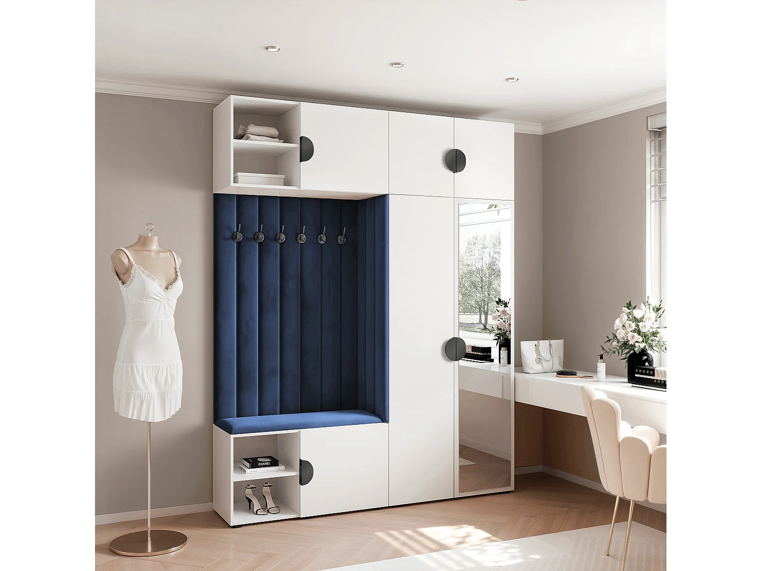 Garderobe Aria 190 cm Wit Gestoffeerd Atlantisch Blauw Soft-Close Grepen Zwart