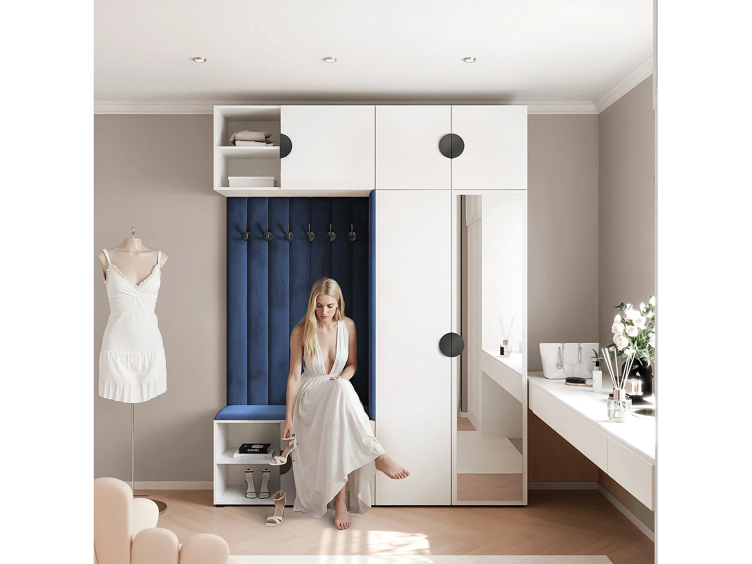 Garderobe Aria 190 cm Wit Gestoffeerd Atlantisch Blauw Soft-Close Grepen Zwart
