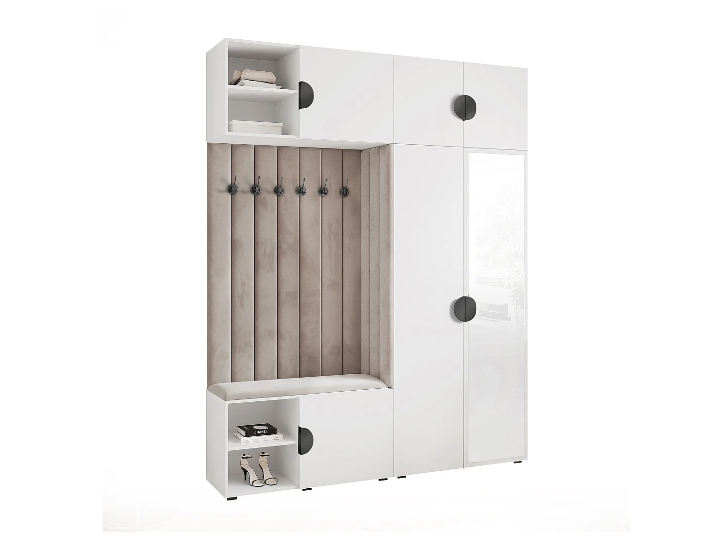 Vestiaire ARIA 4 190 cm Blanc Rembourré Gris Clair avec Miroir Soft-Close Poignées Moon Noir