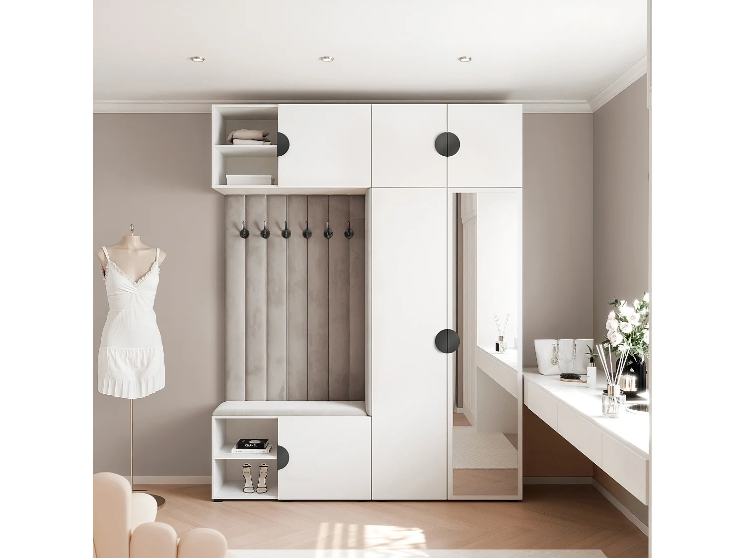 Vestiaire ARIA 4 190 cm Blanc Rembourré Gris Clair avec Miroir Soft-Close Poignées Moon Noir