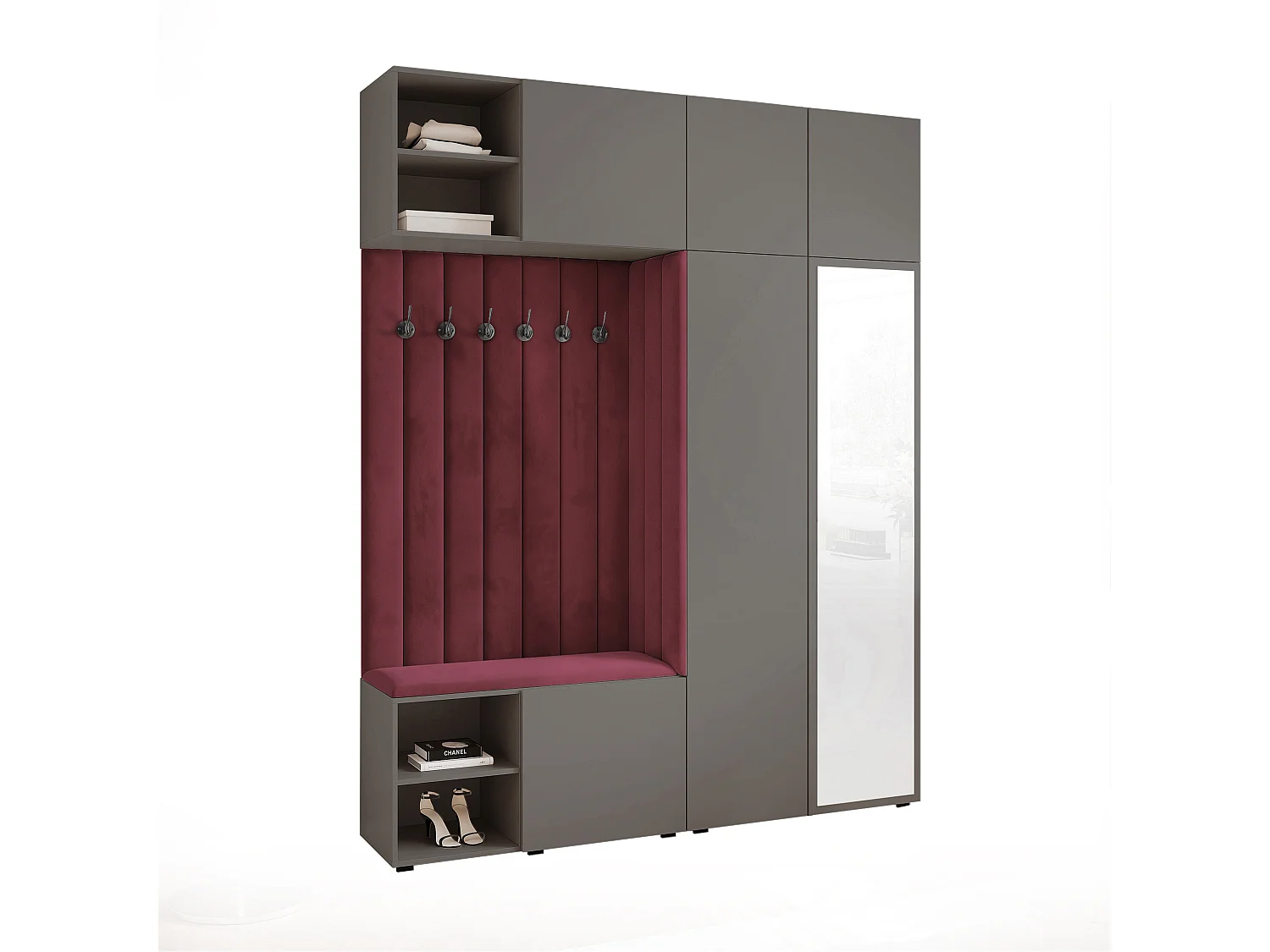 Garderobe Aria 190 cm Grijs Gestoffeerd Bordeaux Soft-Close Push-to-Open