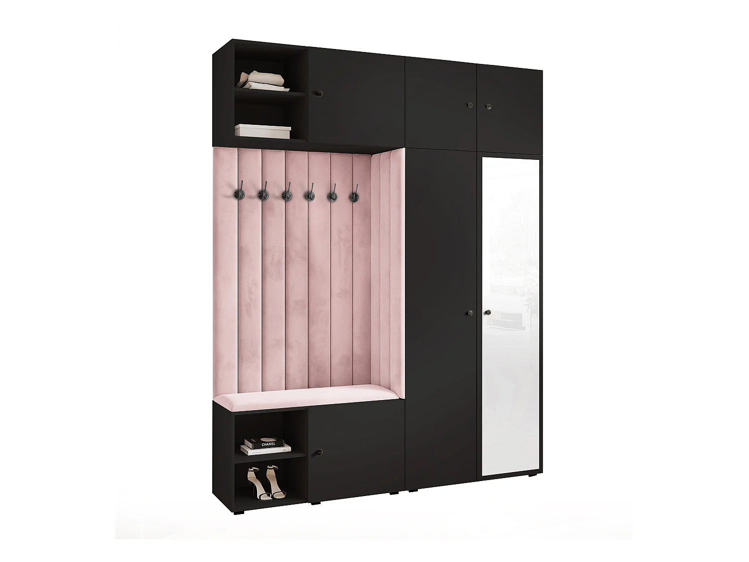 Vestiaire ARIA 4 190 cm Noir Rembourré Rose avec Miroir Soft-Close Poignées bouton Noir