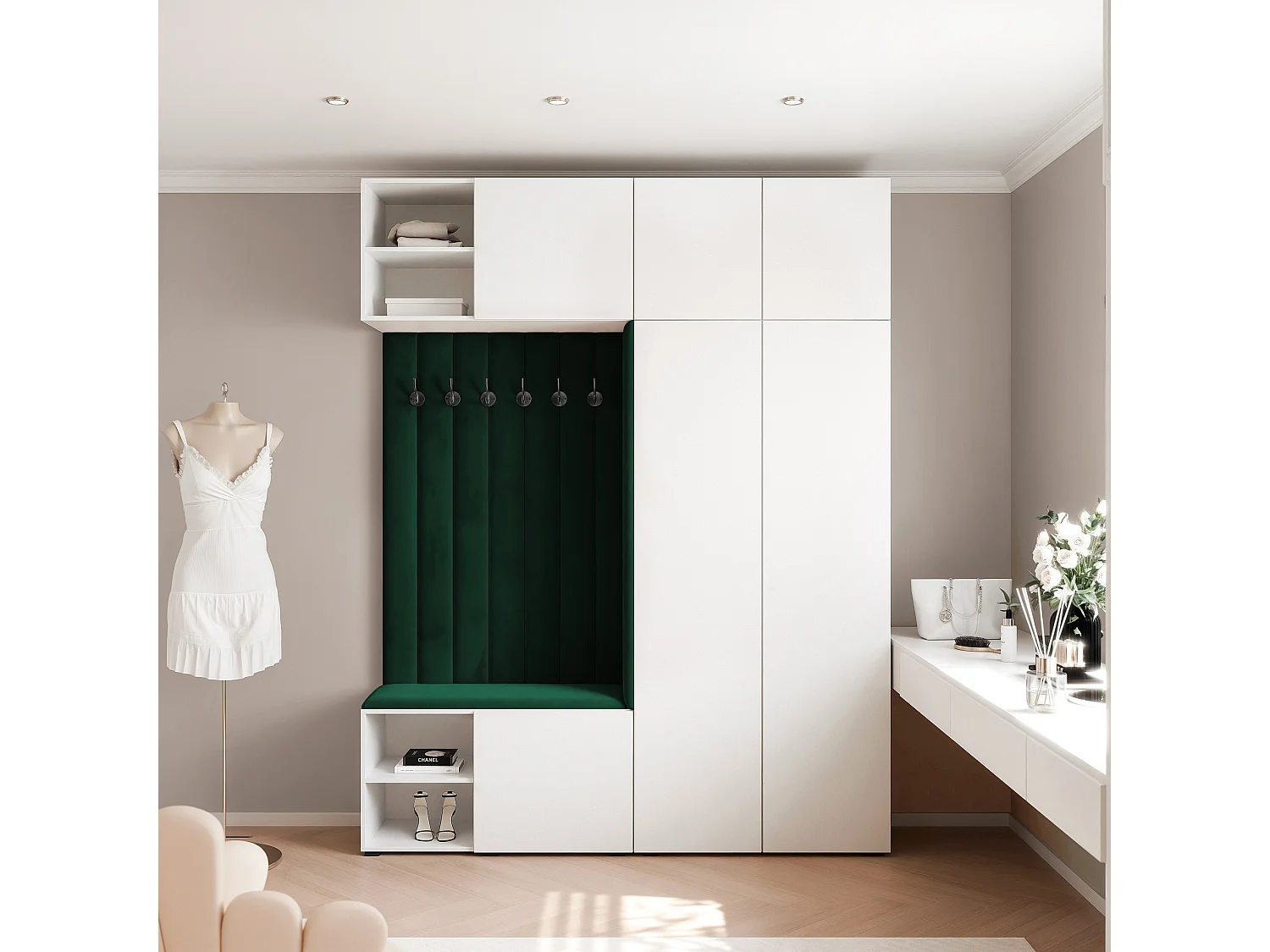 Garderobe Aria 190 cm Wit Gestoffeerd Donkergroen Soft-Close Push-to-Open