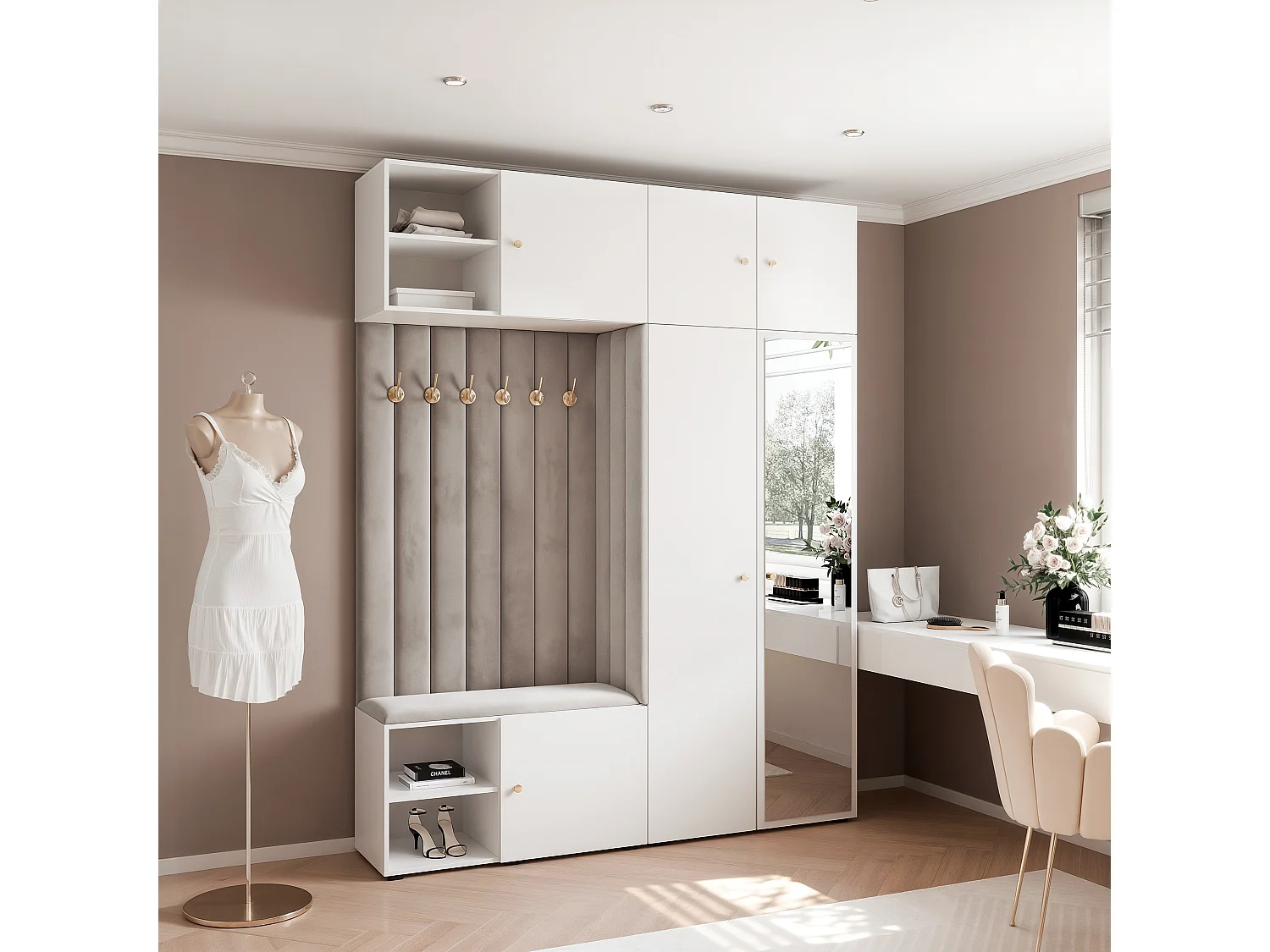 Garderobe Aria 190 cm Wit Gestoffeerd Lichtgrau Soft-Close Grepen Goud