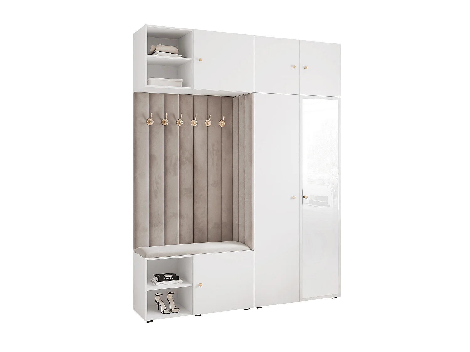 Garderobe Aria 190 cm Wit Gestoffeerd Lichtgrau Soft-Close Grepen Goud