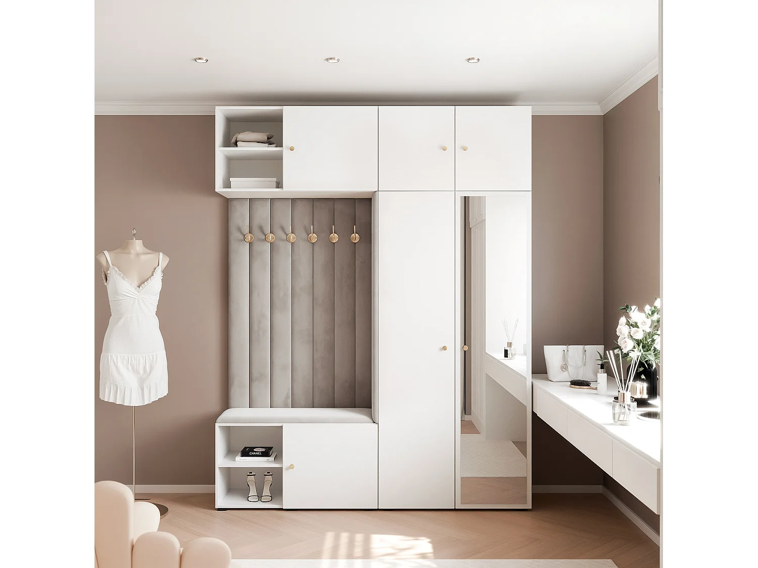 Garderobe Aria 190 cm Wit Gestoffeerd Lichtgrau Soft-Close Grepen Goud