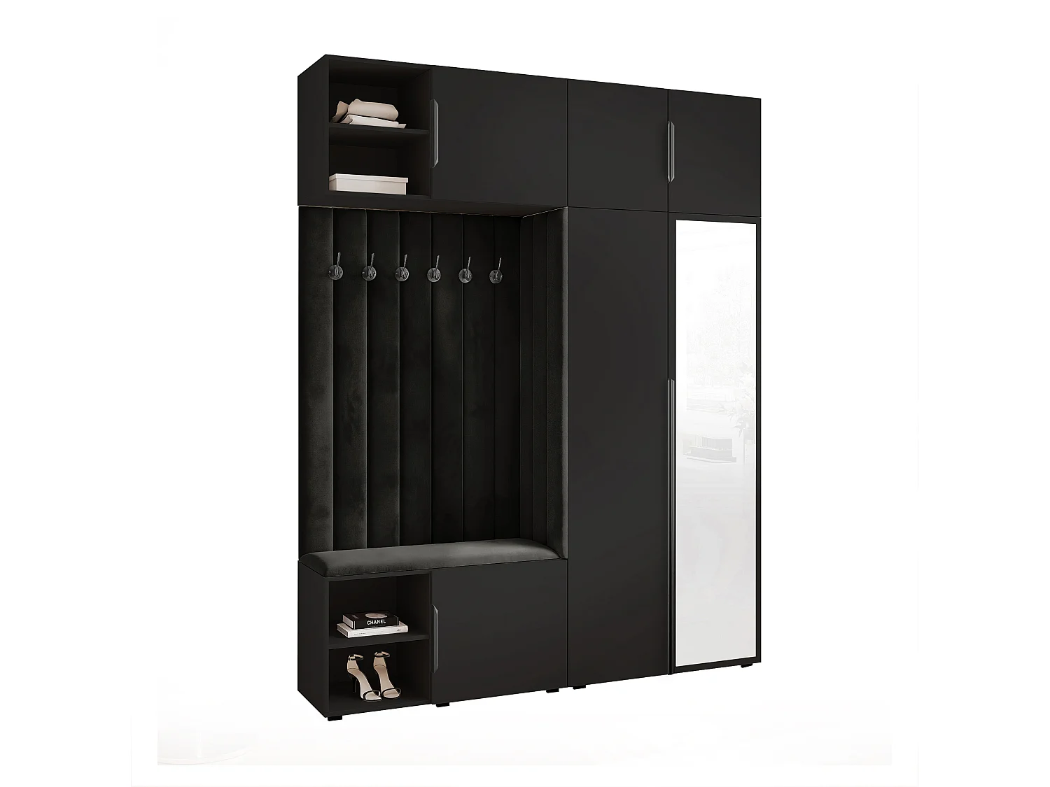 Garderobe Aria 190 cm Schwarz Gepolstert Schwarz Soft-Close Griffe Schwarz