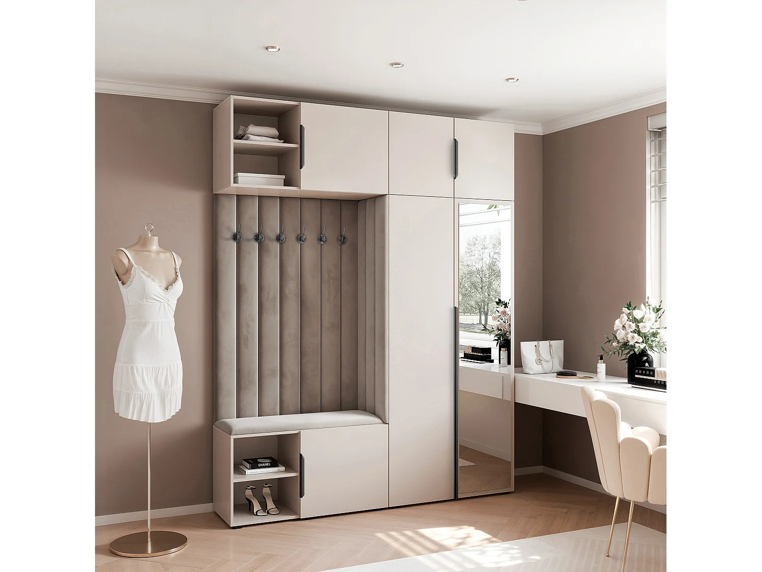Garderobe Aria 190 cm Kaschmir Gepolstert Mausgrau Soft-Close Griffe Schwarz