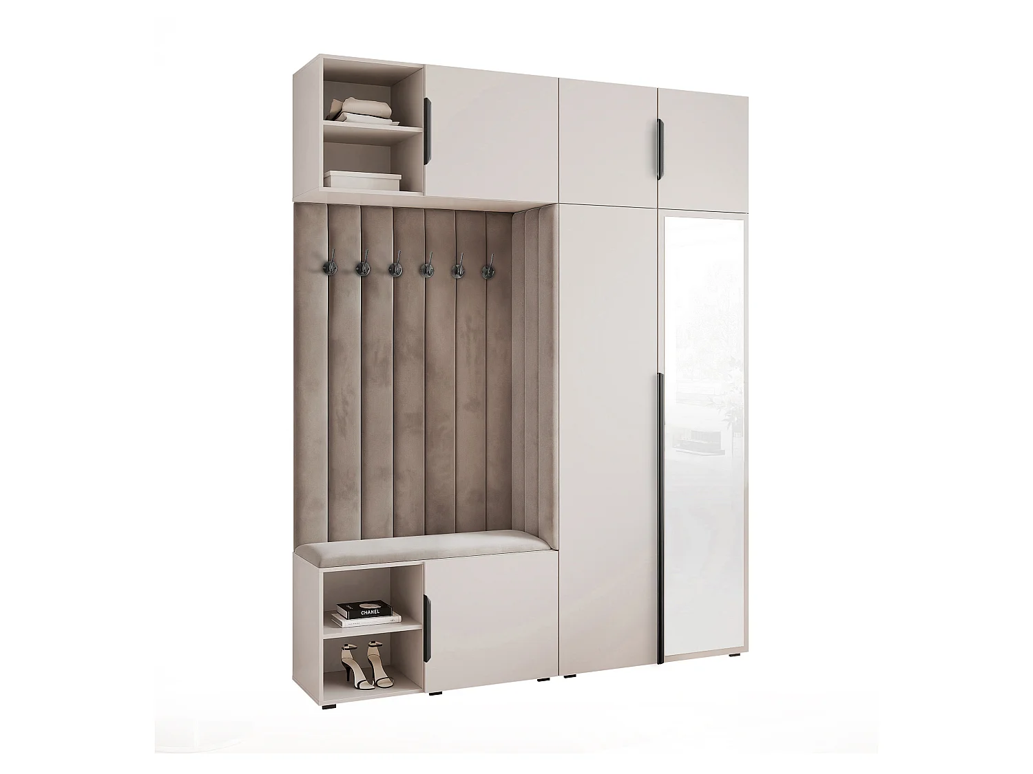 Garderobe Aria 190 cm Kaschmir Gepolstert Mausgrau Soft-Close Griffe Schwarz