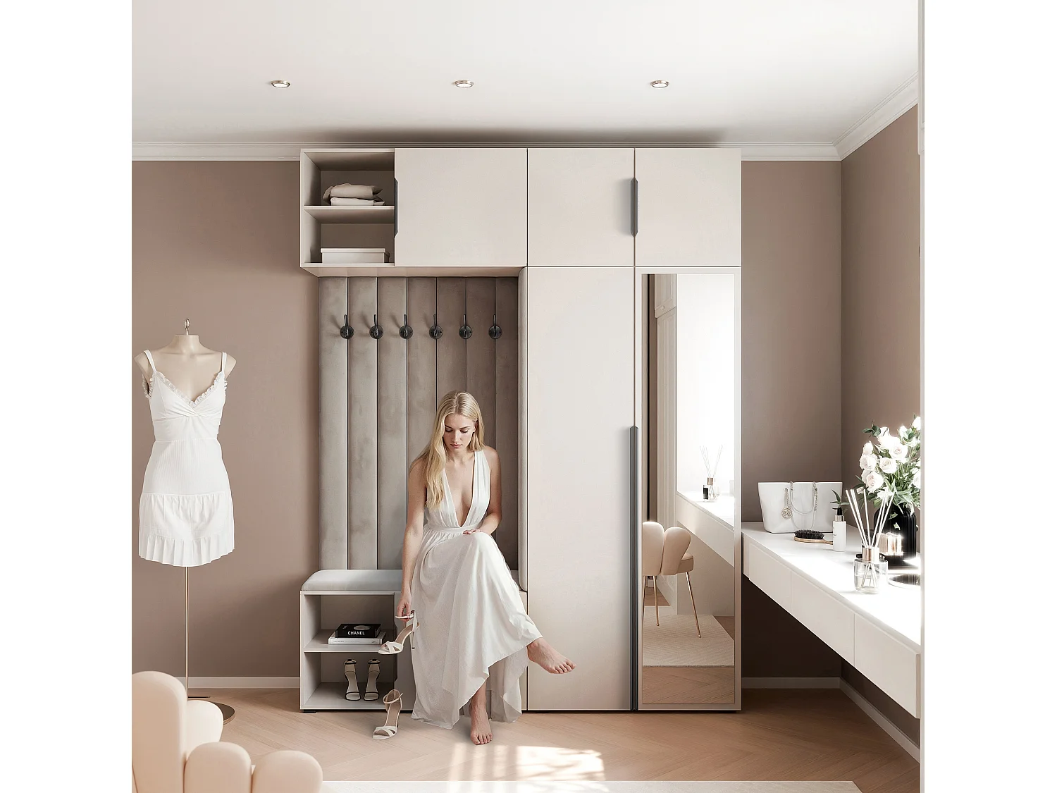 Garderobe Aria 190 cm Kaschmir Gepolstert Mausgrau Soft-Close Griffe Schwarz