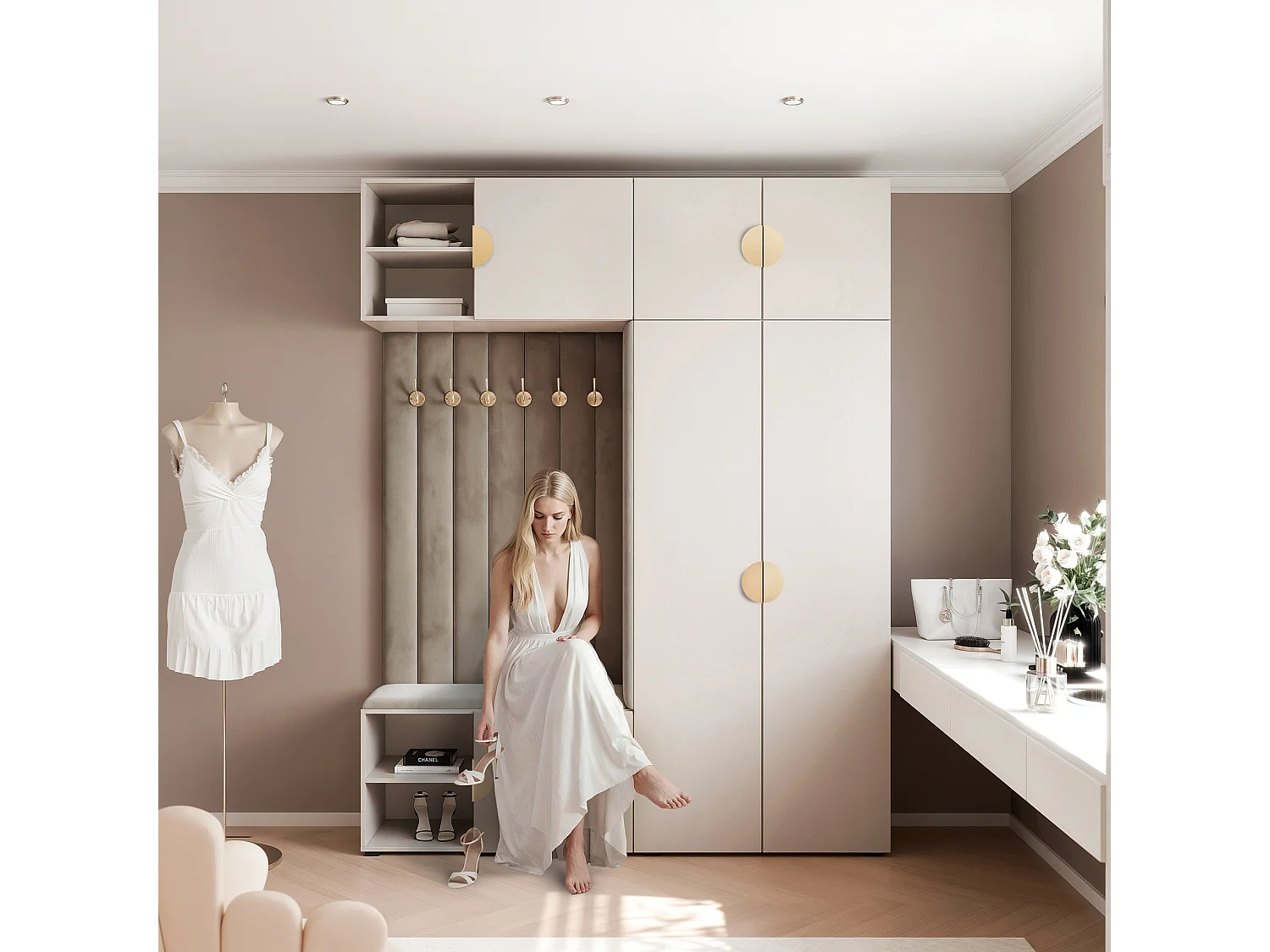 Vestiaire ARIA 4 190 cm Cachemire Rembourré Taupe Soft-Close Poignées Moon Doré