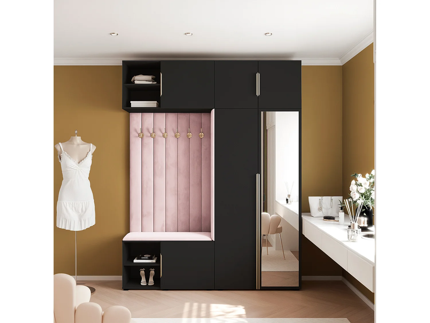 Vestiaire ARIA 4 190 cm Noir Rembourré Rose avec Miroir Soft-Close Poignées Hexa Doré