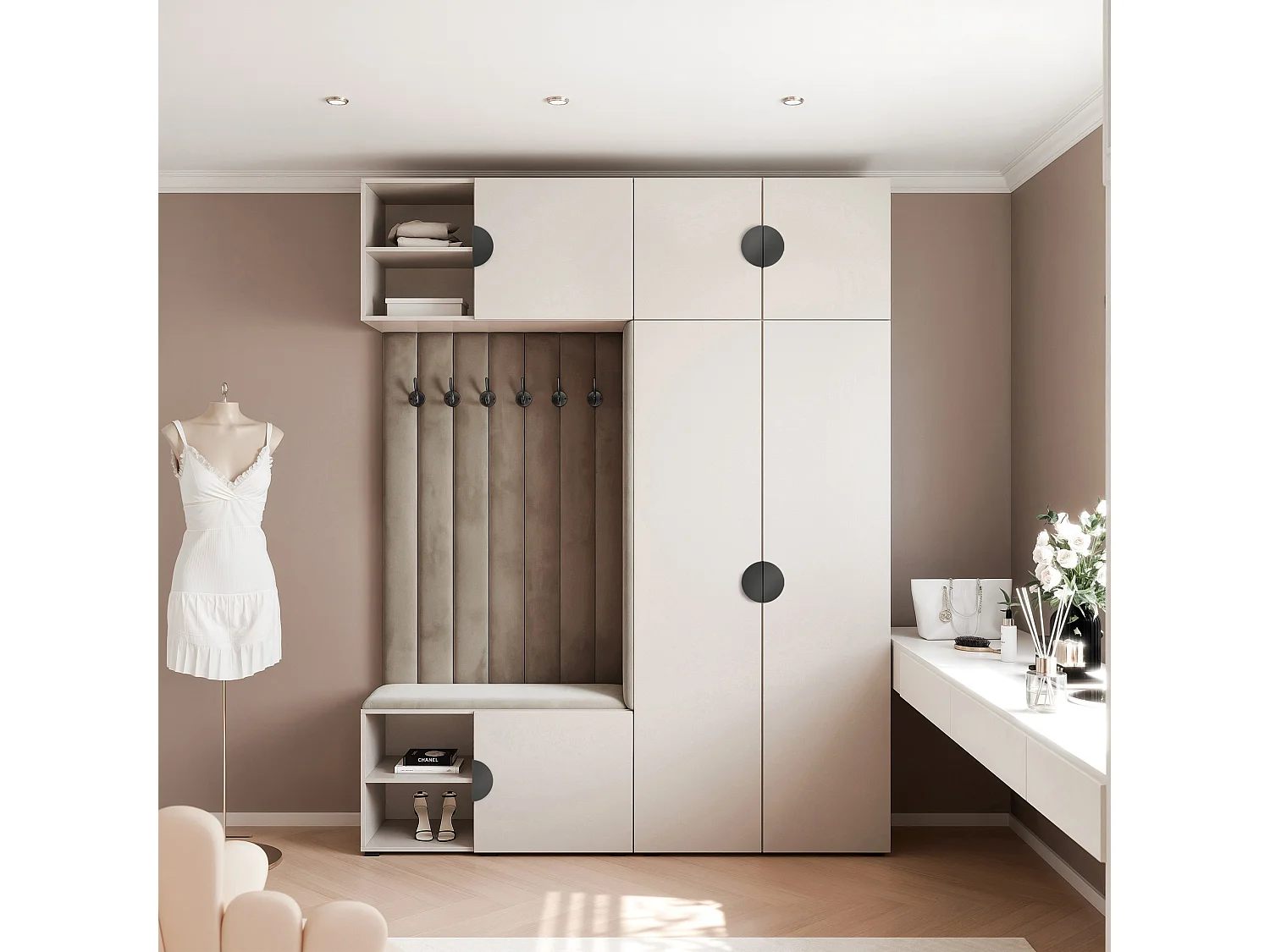 Vestiaire ARIA 4 190 cm Cachemire Rembourré Taupe Soft-Close Poignées Moon Noir
