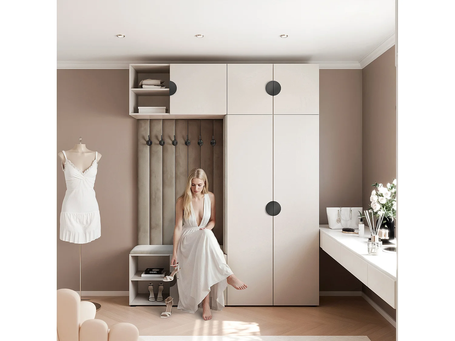 Vestiaire ARIA 4 190 cm Cachemire Rembourré Taupe Soft-Close Poignées Moon Noir